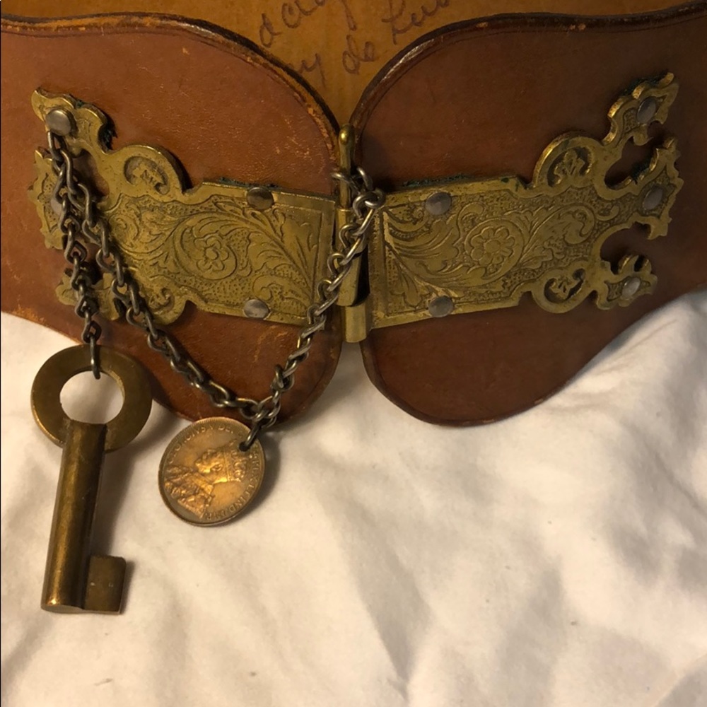 Handcrafted brown leather belt 28” filigree detail